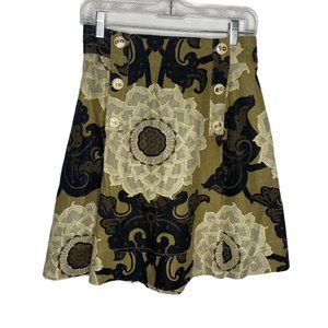 BIBA Skirt Women Medium Silk Blend Floral Pleated Lined Green Tan